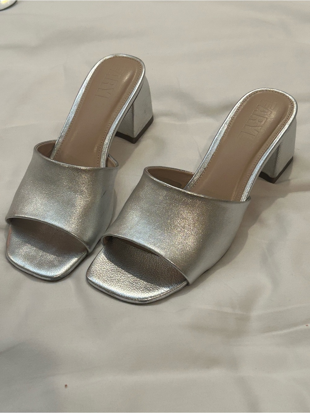 Silver Metallic Block Heel Mule Sandals
